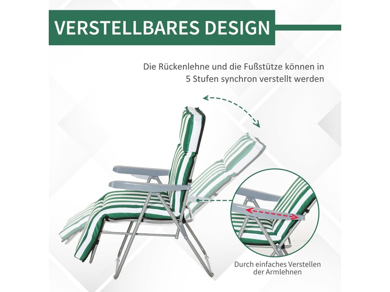  Chaises longues de jardin, lot de 2, pliables avec coussins, 60 x 75 x 102 cm, acier, vert et blanc  - Conforama E
