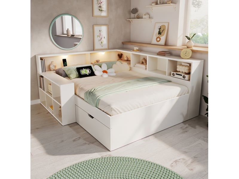  Lit double 140x190 cm blanc avec rangement, tiroir, lampes de lecture et ports usb-c, sans matelas inclus  - Conforama B