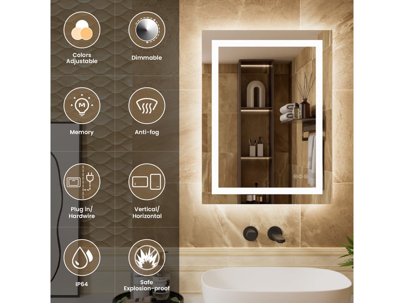  Miroir led 100 x 60 cm, miroir lumineux mural, fonction antibuée, 3 températures de couleur 3000k4500k6000k, luminosité réglable, rectangulaire  - Conforama D