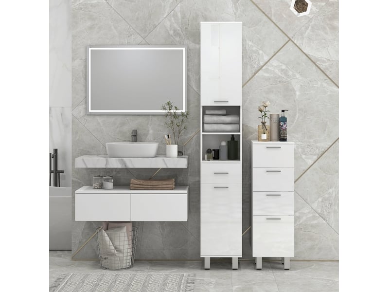  Armoire de salle de bains 30x30x180 cm avec tiroir et rangements réglables panneau de particules blanc  - Conforama C