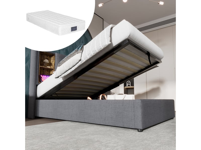  Lit coffre tcqpz 90 x 200 cm avec recharge sans fil usb et type c tête de lit avec rangements gris coton  - Conforama B