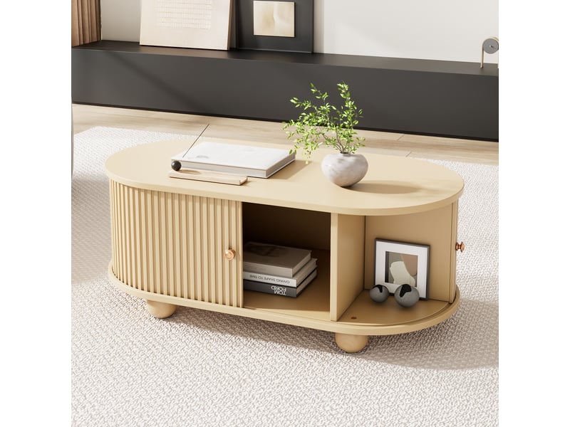  Table basse ovale avec rangement mdf couleur bois - portes coulissantes 100cm  - Conforama W