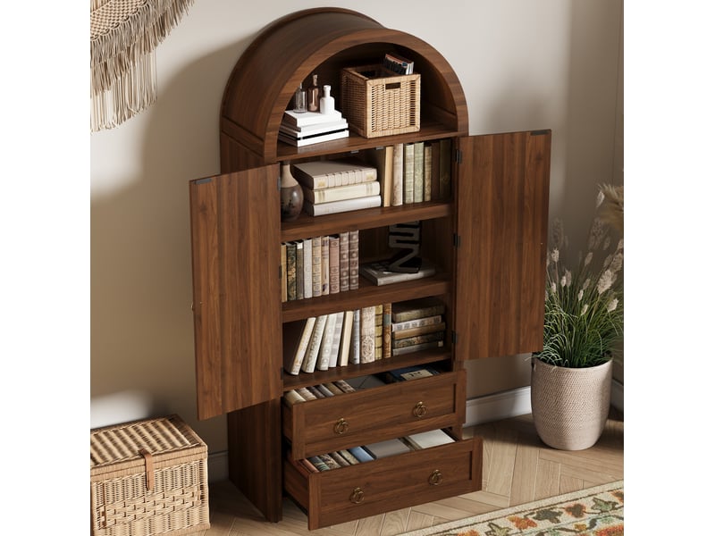  Buffet haut modenvie vintage en mdf noyer 80 x 40 x 180 cm avec portes en rotin et 2 tiroirs  - Conforama D