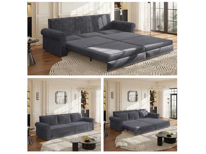 Canapé droit convertible 3 places en velours gris, 3-en-1 avec couchage, accoudoirs roulés et clous décoratifs - Conforama D