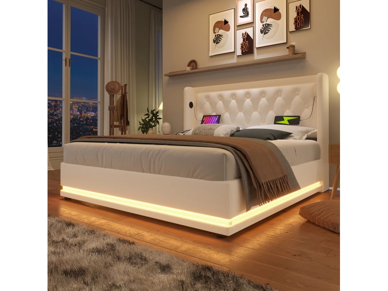  Lit coffre 160x200 cm blanc en pu avec led 3 côtés, usb type-c, tête capitonnée  - Conforama D