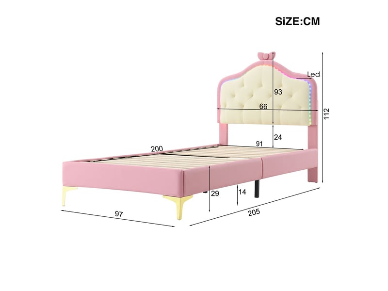 Lit fille 90x200cm avec led et nœud - lit rembourré - pu rose, sommier à lattes, design princesse mignon, facile à monter - Conforama C