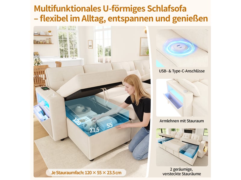 Canapé d’angle 4 places avec fonction lit, canapé en u extensible, double méridienne, rangement dissimulé, usb et type-c, éclairage led beige - Conforama E