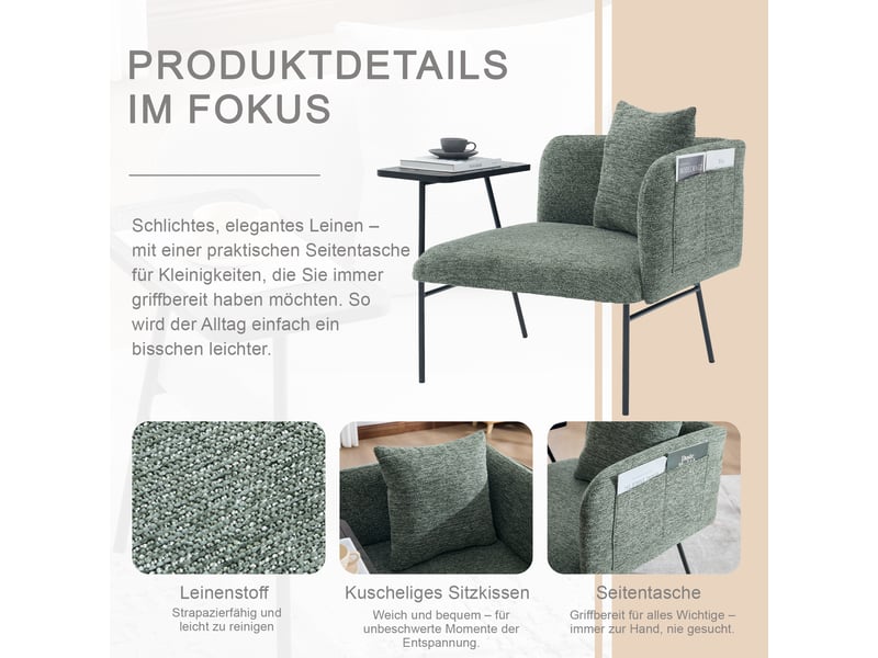 Fauteuil avec table d'appoint et poches latérales, assise rembourrée en chenille vert émeraude, 86 × 72 × 71 cm  - Conforama E