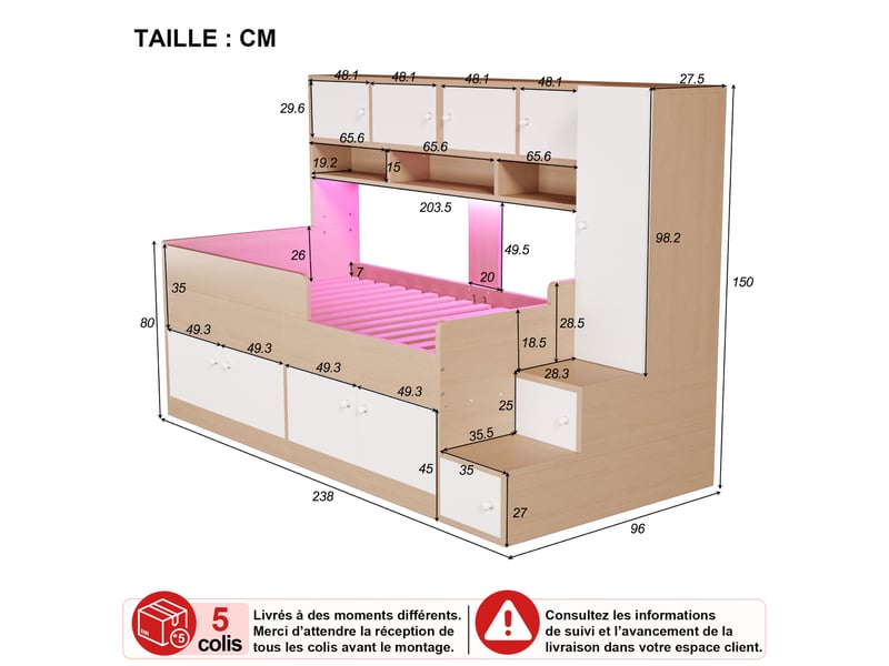 Lit mezzanine lit simple avec rangements, armoire, étagères et led 90 × 200 cm - sans matelas - en bois naturel - Conforama D