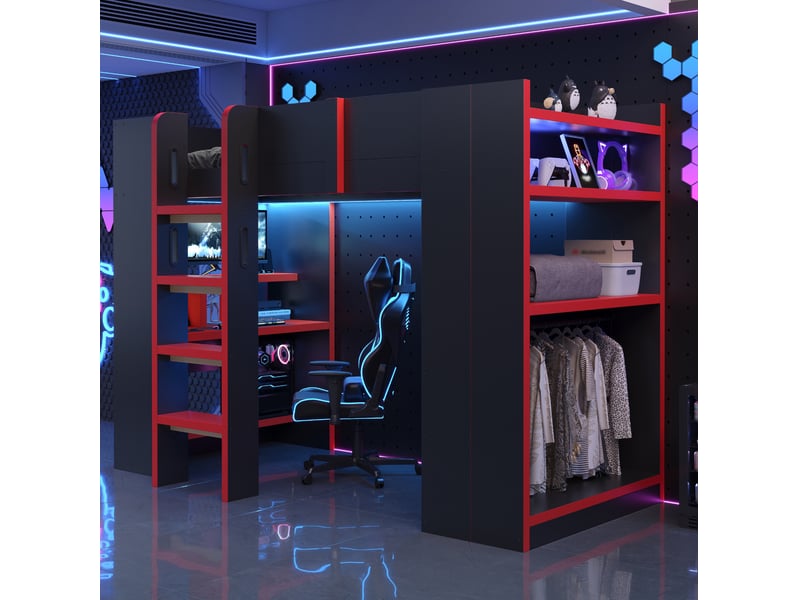  Lit mezzanine enfant 90 x 200 cm avec bureau, rangements, prises et éclairage led, noir et rouge  - Conforama B