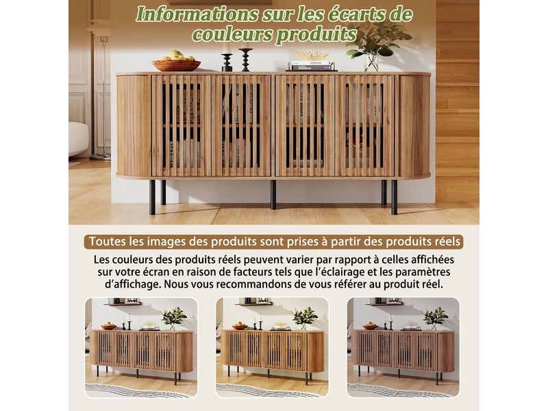  Buffet 160 cm avec portes coulissantes, étagères réglables, pieds métal, bois naturel  - Conforama B