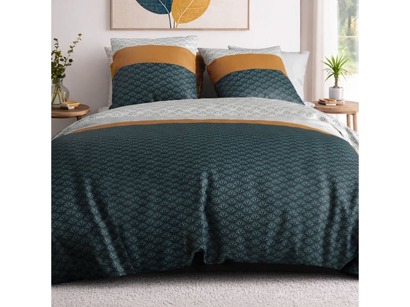  Parure housse de couette 240x220cm + 2 taies motif rétro bleu pétrole et jaune 100% coton - tobias TOBIAS - Conforama C