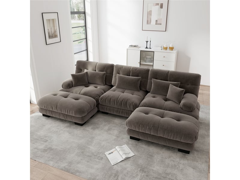  Canapé panoramique en u modulable avec assise profonde et ottoman, en chenille marron  - Conforama B