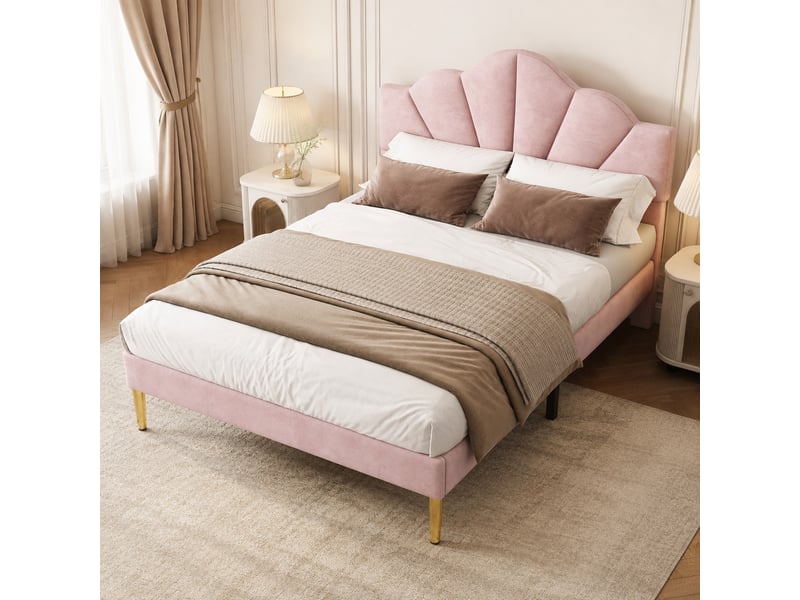 Lit double 190×140 cm en velours rose, tête de lit coquille réglable, sommier à lattes, sans matelas - Conforama B