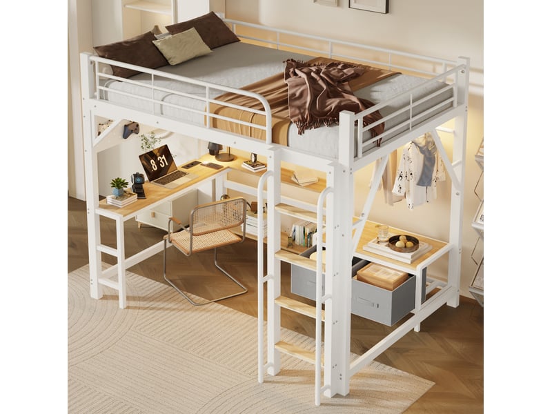  Lit mezzanine 140x200 cm avec bureau, rangements, led et usb blanc  - Conforama E