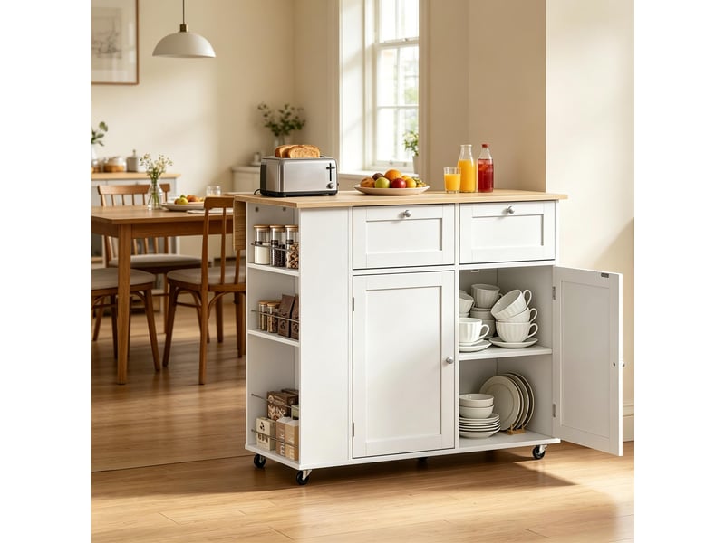 Îlot de cuisine avec plateau pliant 101x62x86 cm, desserte de cuisine à roulettes avec tiroirs, blanc et chêne - Conforama R