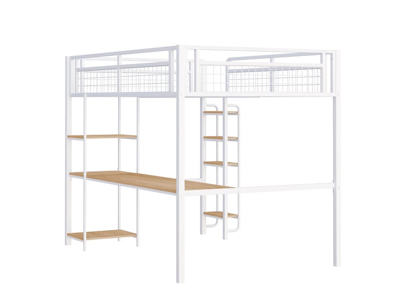  Lit mezzanine enfant 140x200 cm avec table, étagère, garde-corps, escalier, sommier, métal blanc, sans matelas  - Conforama D