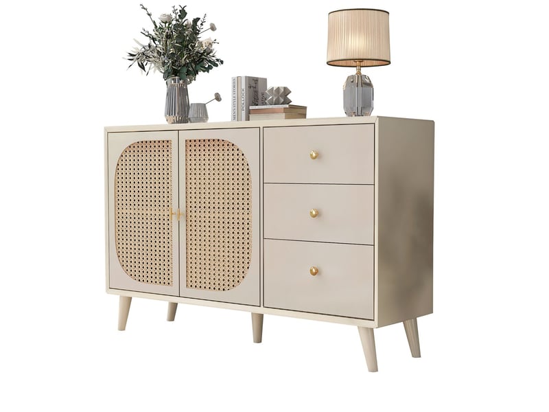 Buffet salle à manger 120 cm, buffet 2 portes 3 tiroirs, rangement généreux, portes cannées rotin, finition crème, pieds bois massif - Conforama A
