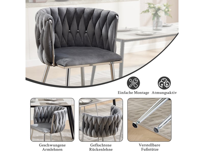  Lot de 2 chaises de salle à manger,55x48x75 cm,avec accoudoirs,tissu,gris  - Conforama E