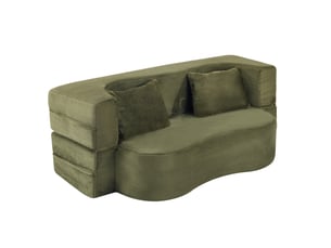Canapé droit convertible 2 places vert olive en tissu, pliable avec 2 coussins, idéal pour salon ou chambre d'amis