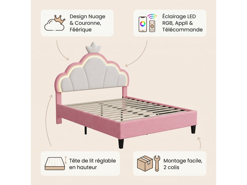  Lit enfant simple 140x200 cm avec éclairage led, tête de lit réglable et sommier, lit capitonné en velours, style princesse, rose et blanc  - Conforama C