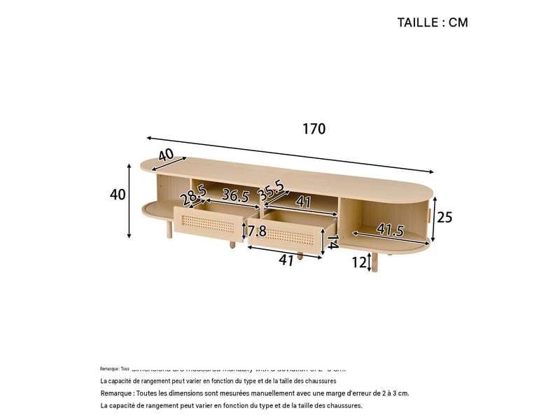  Meuble tv ovale 170x40x40cm chêne clair 2 tiroirs aspect rotin et 2 portes coulissantes  - Conforama C