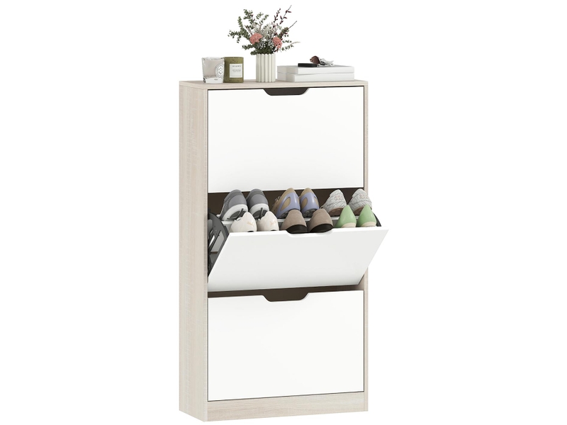 Meuble à chaussures 3 tiroirs rabattables 12 paires chêne et blanc 62,5 x 26 x 117,5 cm  - Conforama A