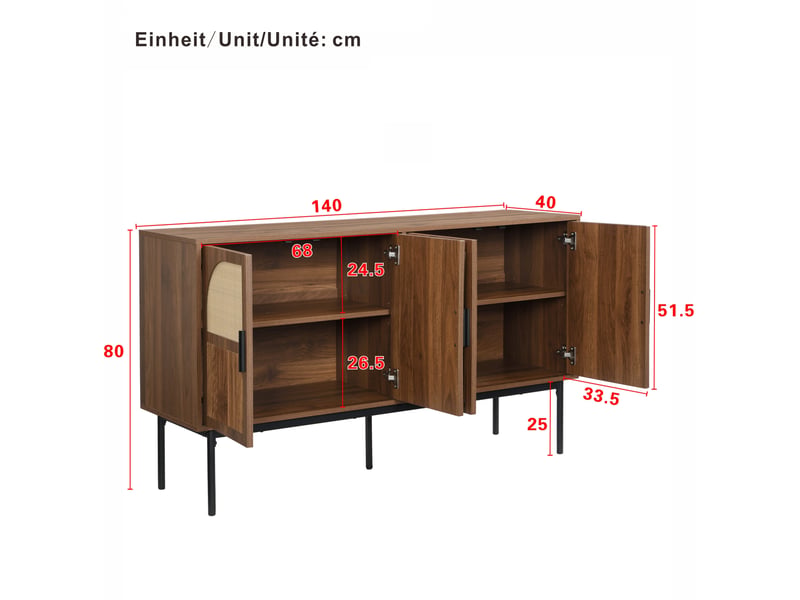  Buffet moderne 140x40x80 cm, avec 4 portes en rotin, grand espace de rangement, meuble de cuisine et salon, mdf naturel  - Conforama C