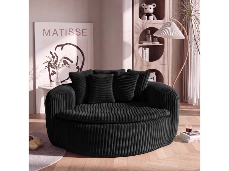 Canapé lounge adulte en velours côtelé beige, assise profonde 89x90 cm, larges accoudoirs enveloppants, mousse haute densité, 5 coussins noir - Conforama C
