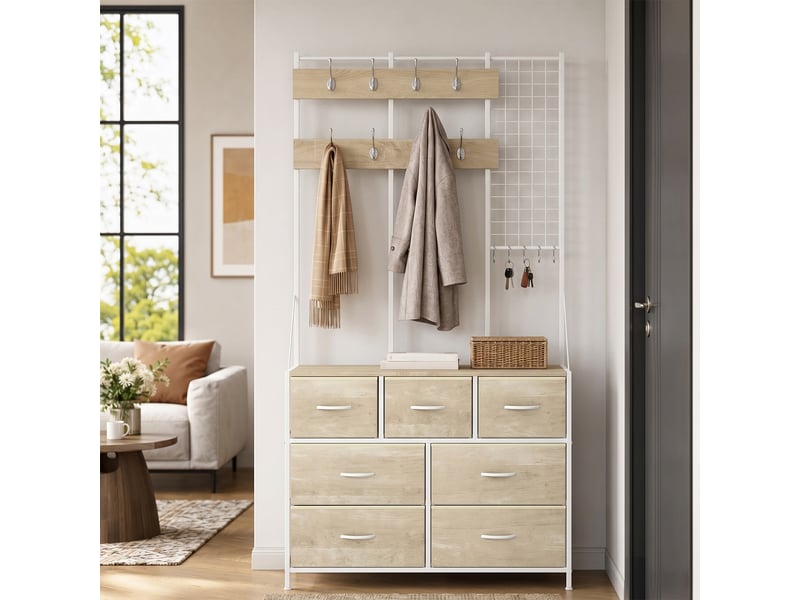 Meuble d'entrée 4 en 1 style industriel multi-rangement métal blanc effet bois clair - Conforama D