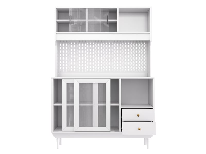 Buffet de cuisine en mdf et panneaux de particules, portes coulissantes en verre rainuré, tiroirs, niches ouvertes, pieds en pin  - Conforama A