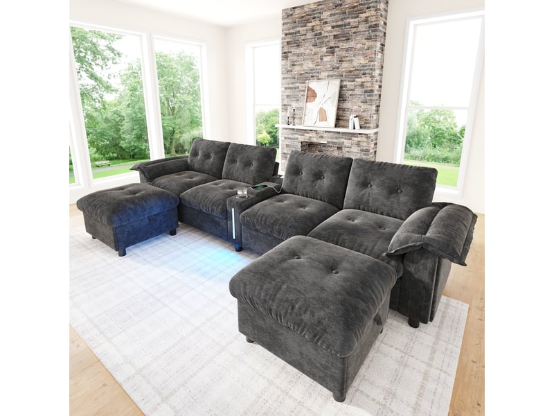 Canapé d'angle modulable - 6 places - forme l - rangements intégrés - éclairage led - usb et type-c - ottomans - pratique - gris CozyNest - Conforama D