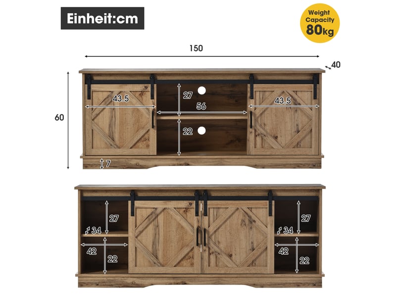  Meuble tv 150 x 40 x 60 cm, 2 portes coulissantes, étagères réglables, brun rustique  - Conforama C