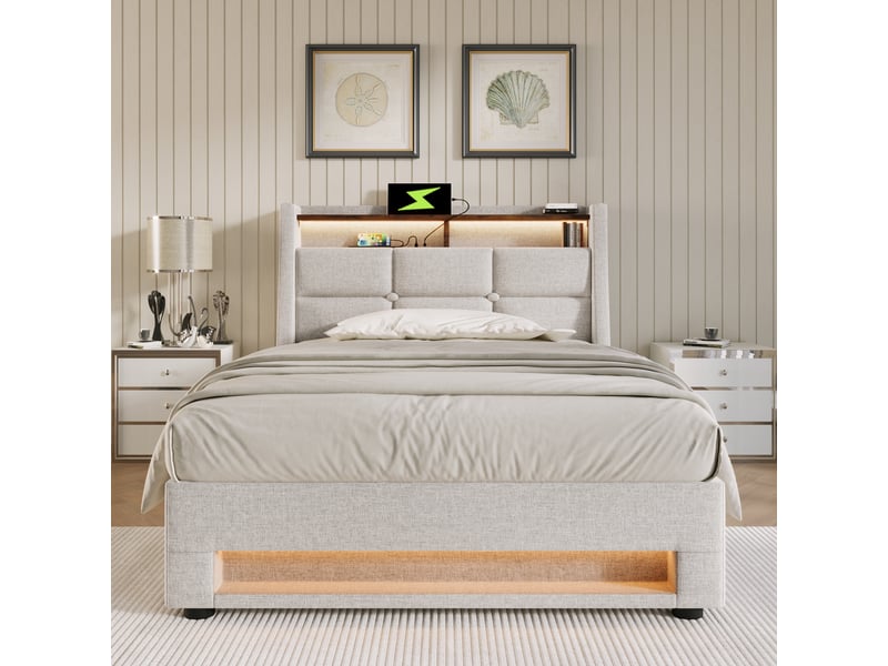 Lit 1 place 90x200cm, lit coffre avec led, espace de rangement, tête de lit et sommier, charge, lin beige, sans matelas - Conforama B