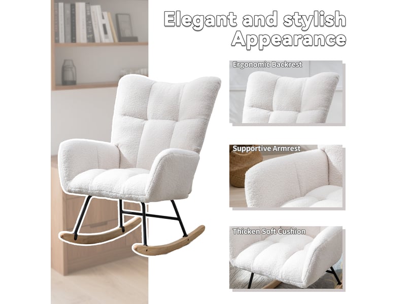 Fauteuil à bascule ergonomique avec dossier enveloppant, accoudoirs et structure en métal, en tissu bouclette blanc - Conforama E