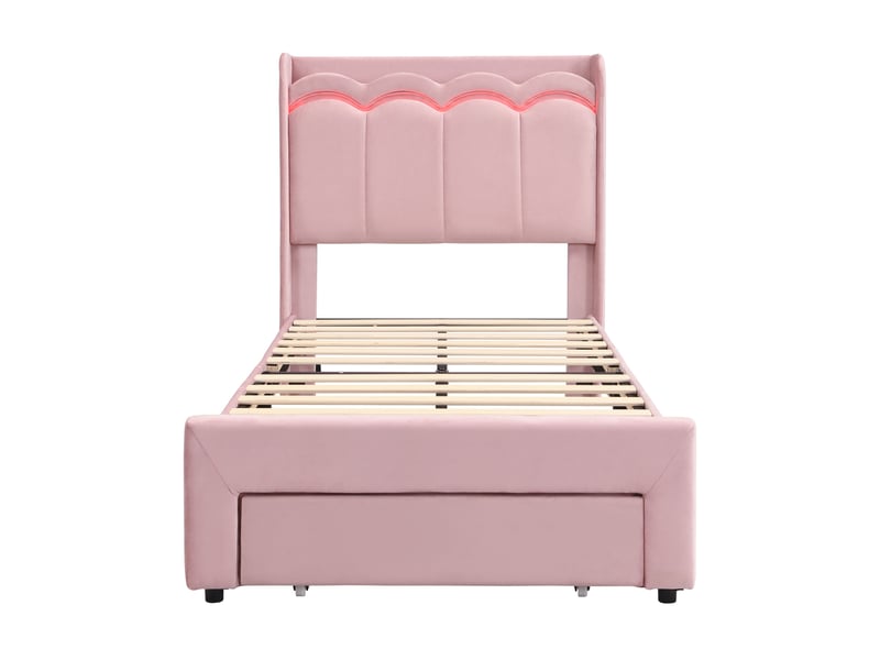  Lit enfant 90x200 cm avec tiroir, led contrôlée par application, velours rose, sans matelas  - Conforama D