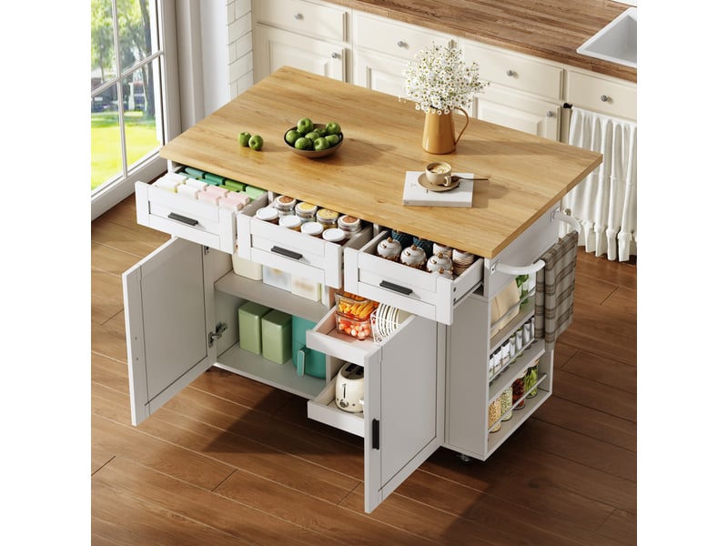  Desserte de cuisine à plateau rabattable, 3 tiroirs et prises 120×45(70)×84 cm blanc naturel  - Conforama B