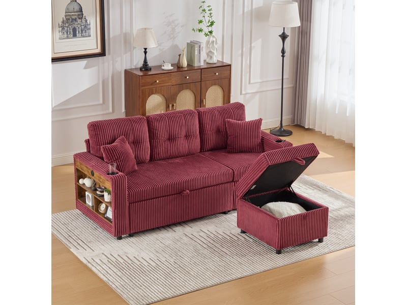  Canapé 3 places 196x82–144x85cm prise usb‑c intégrée éclairage led coussins moelleux velours côtelé rouge bordeaux  - Conforama D