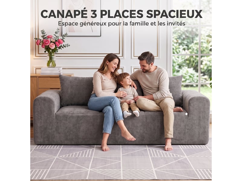  Canapé 3 places en chenille 220 cm, canapé salon moderne avec assise et accoudoirs larges, 3 coussins, gris  - Conforama D