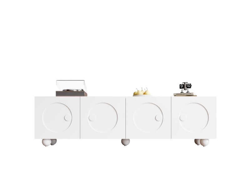  Meuble tv 180,5x38x50 cm, portes à relief rond 3d, rangement compartimenté, mdf et panneau de particules, blanc mat  - Conforama A