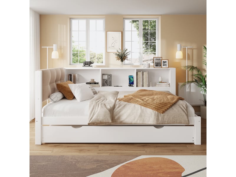  Canapé-lit 90x200 cm avec lit gigogne, lit simple avec bande lumineuse led et ports usb, blanc, lit enfant en pin  - Conforama D