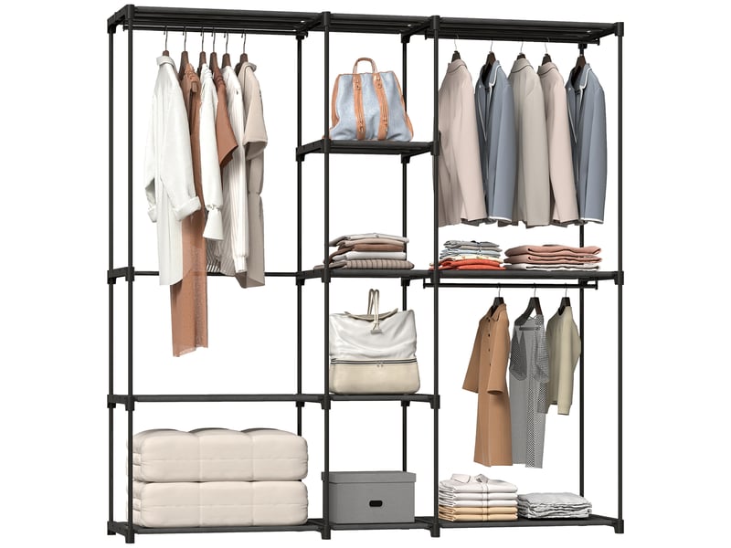  Armoire 182 x 43 x 185 cm, armoire ouverte avec 8 étagères en tissu, tringles à vêtements, structure en métal noir  - Conforama A
