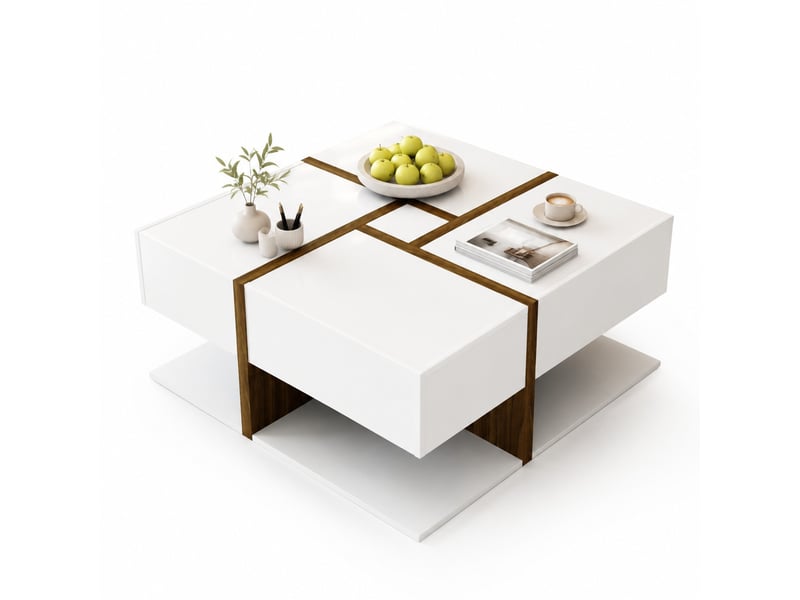  Table basse carrée 4 tiroirs et tablette basse pour salon 78×78×34,8 cm blanche et bois  - Conforama A