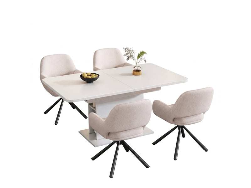 Ensemble table ronde et 4 chaises, plateau mdf effet bois brun avec verre trempé, diamètre 100 cm, sièges blancs en similicuir - Conforama A