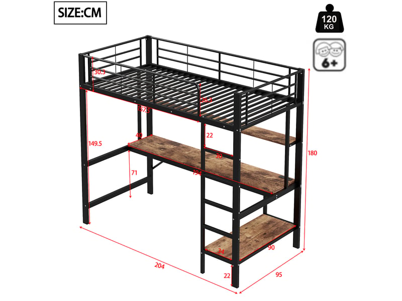 Lit mezzanine enfant 200×90 cm avec bureau, étagères, éclairage led, prises et usb, sans matelas, noir - Conforama D