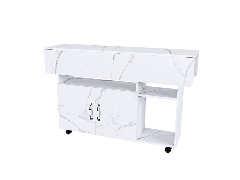  Table à manger mobile pliante 110 x 70 x 80 cm, rangement, roulettes, blanc effet marbre  - Conforama A