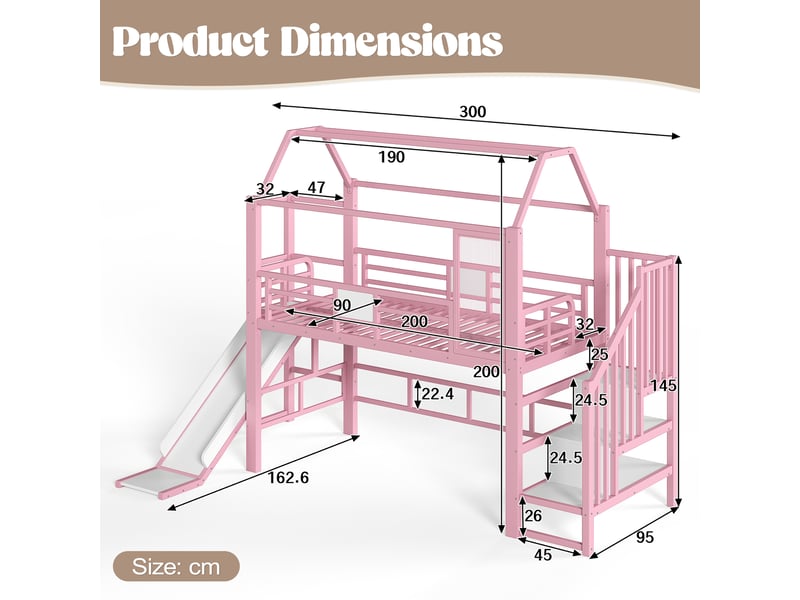  Lit mezzanine 90 x 200 cm, lit enfant surélevé, étagères ouvertes, éclairage led, structure en forme de maison, toboggan, échelle, métal, rose Morn Vibe - Conforama C