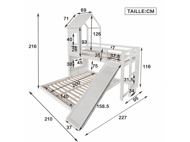  Lit superposé 3 places en pin et mdf avec toboggan, échelle et barrière, 200x90 et 200x140 cm, sans matelas  - Conforama D