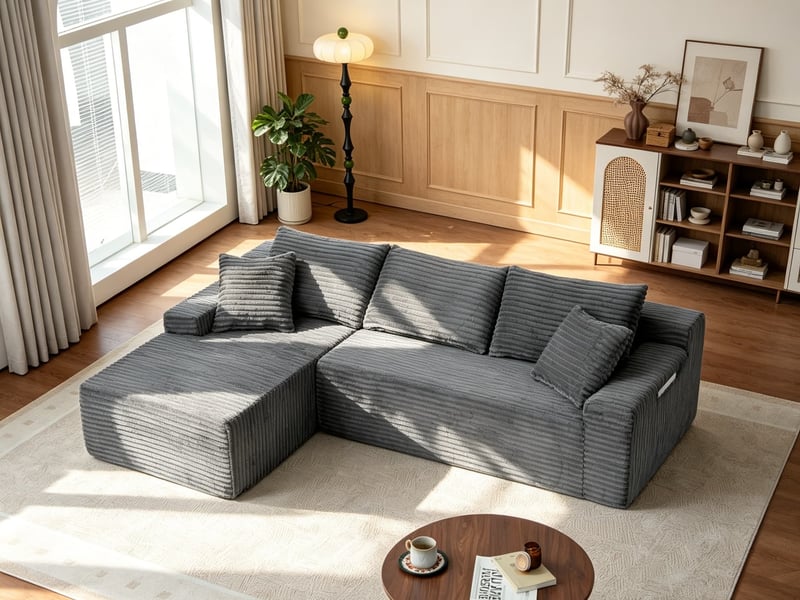  Canapé d’angle en velours côtelé, canapé de sol luxueux, mousse compacte, gauche, salonchambre, 79x239x156 cm, gris  - Conforama B
