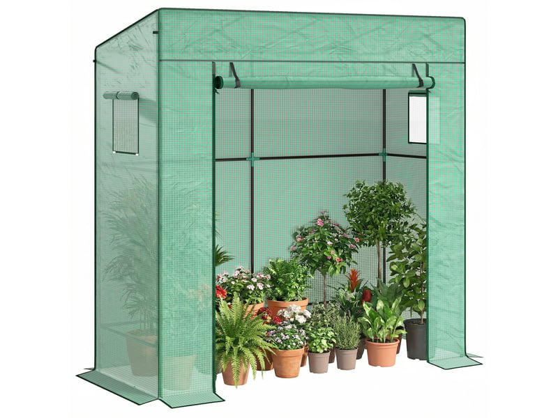  Serre pour plantes avec 2 fenêtres latérales grillagées et porte sectionnelle, en pe et acier, 196 x 77 x 197 cm, verte  - Conforama A